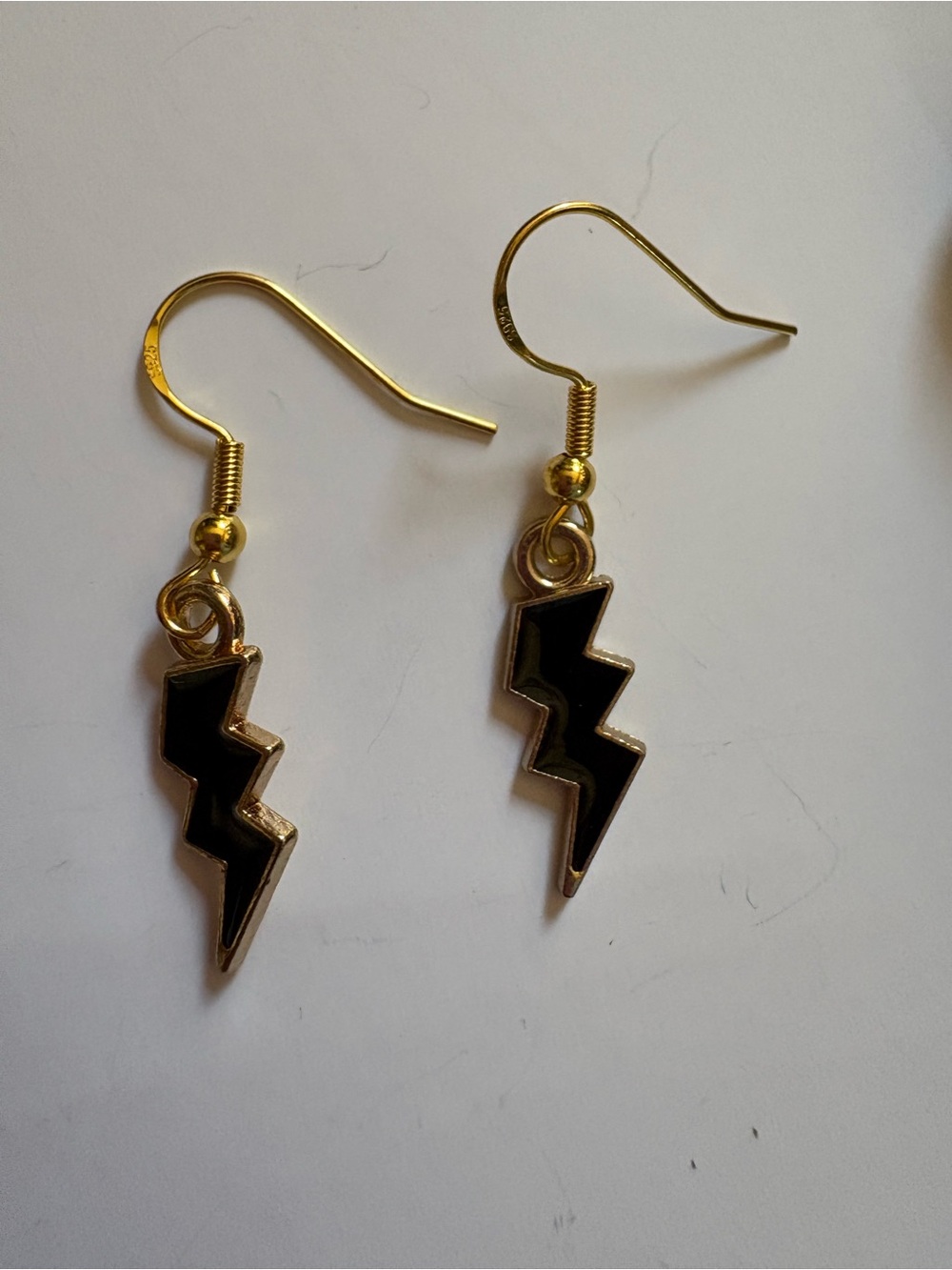 .925 Gold Tone Black Lightning Bolt Drop Earrings